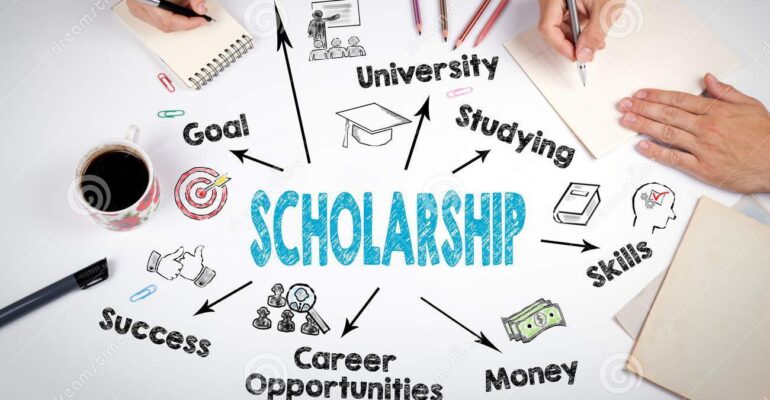 scholarship-concept-chart-keywords-icons-meeting-white-office-table-102962725